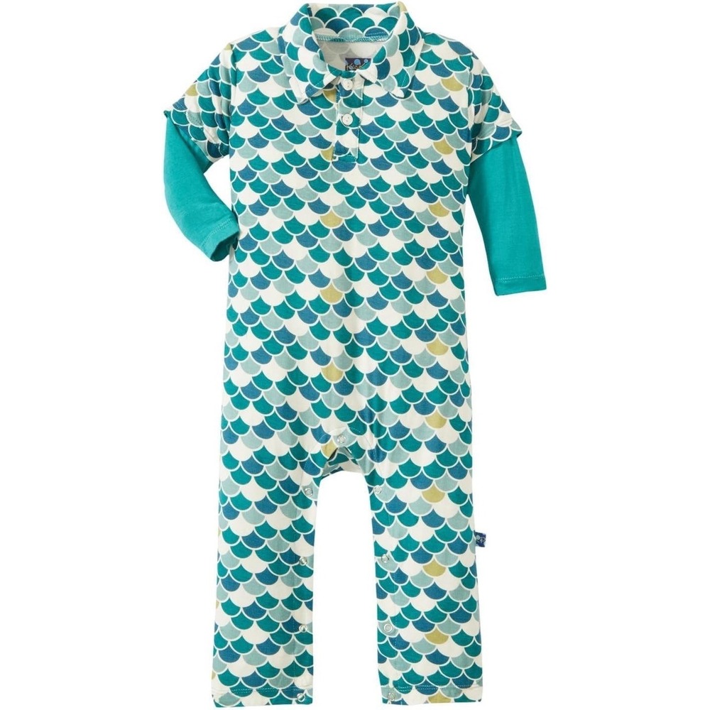 Kickee Pants Long Sleeve Double Layer Polo Romper Lagoon Scales SZ 18-24 Months